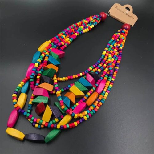 Wooden multi-layer beaded long necklace, bohemian and Afric